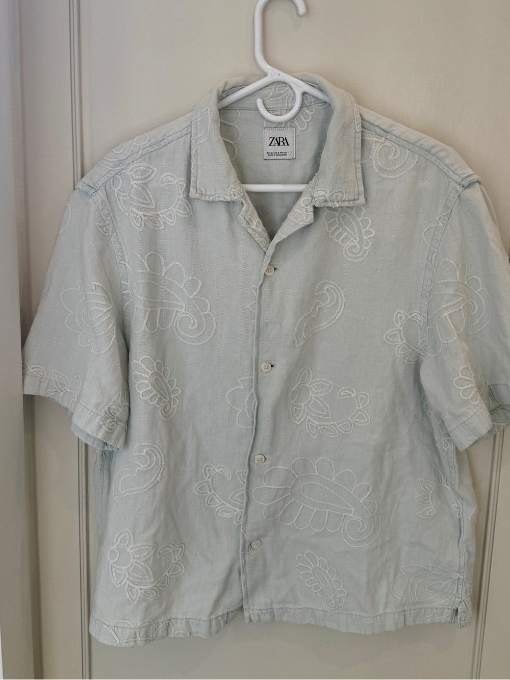 Zara Light Blue Embroidered Short-Sleeve Shirt Relaxed Boxy Fit